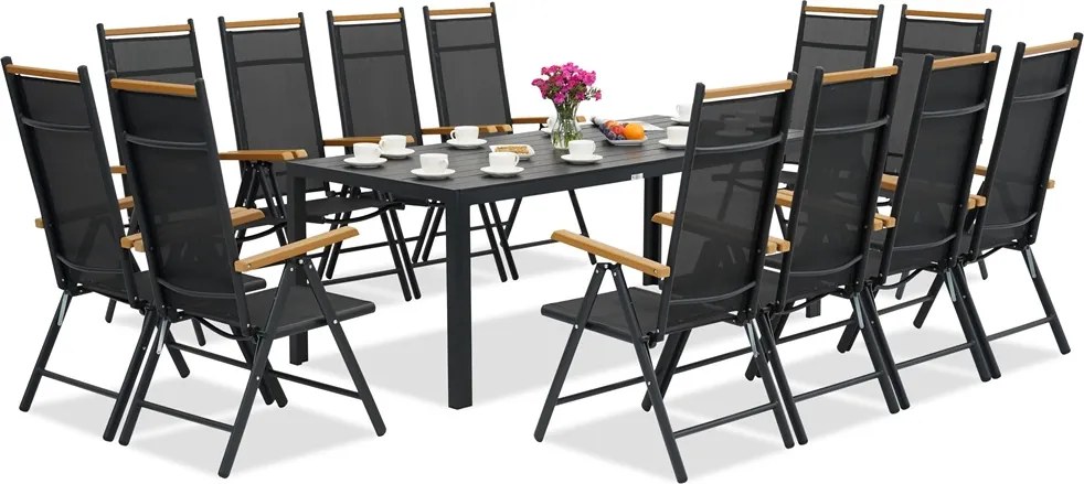 Aluminium tuinmeubelen Polywood Verona Wood met grote tafel voor 12 personen Garden Point zwart