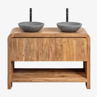 Vacry Houten Badkamermeubelset Acacia Bruin & 2 X Ronde Grijze Cement Ø40 Cm Tarsis & Spiegelloze & ↔︎ 120 Cm & 2 X Matzwart ↑30 Cm Met - Sklum