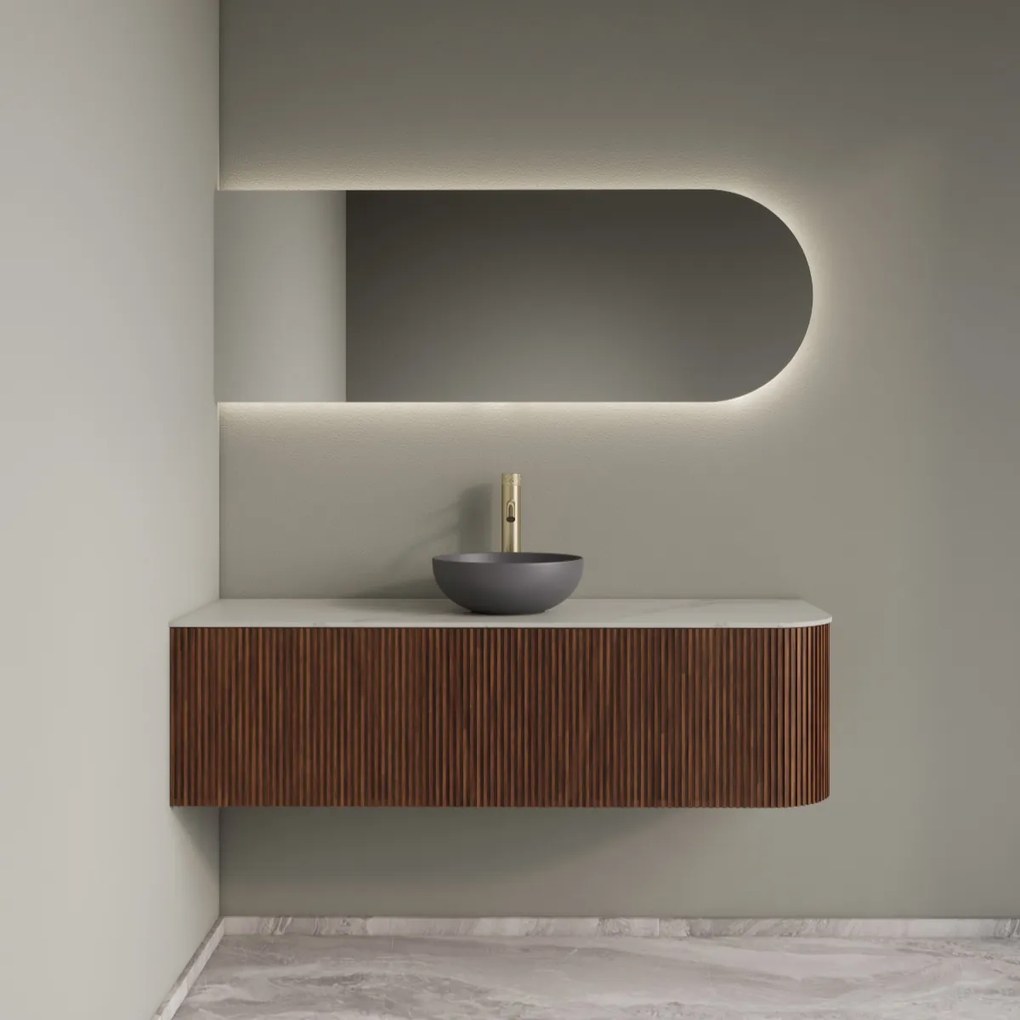 Gliss Design Alluro badmeubel ribbelfront met ronding rechts 140cm walnut en wit marmer toppaneel