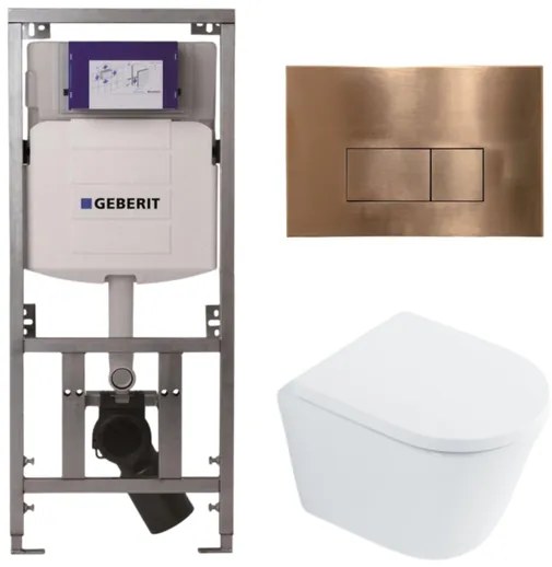 QeramiQ Dely Toiletset - 36.3x51.7cm - diepspoel - rimless - Geberit UP320 inbouwreservoir - met Burda frame - softclose toilet zitting 35 mm - koperen bedieningsplaat - rechthoekige knoppen - wit glans SW1026255 / SW1159505/0701131/SW706197