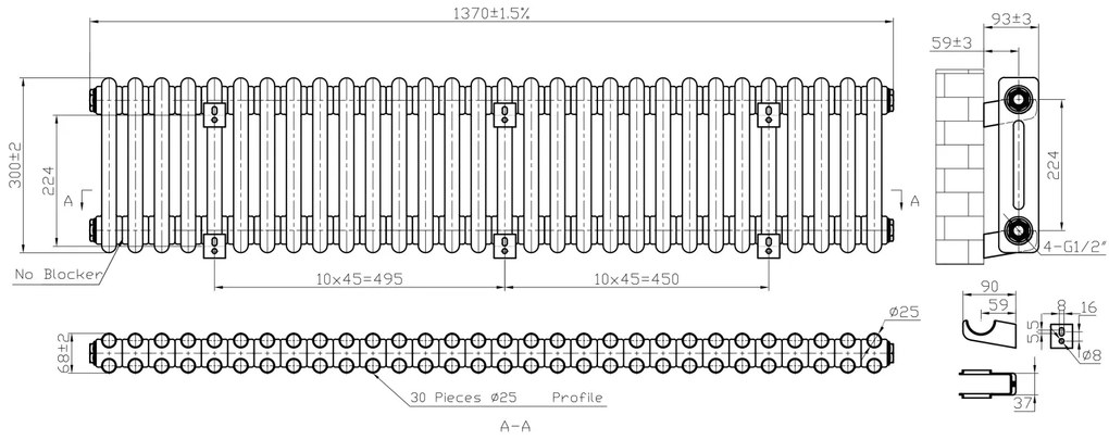 Eastbrook Imperia 2 koloms radiator 135x30cm 1048W antraciet