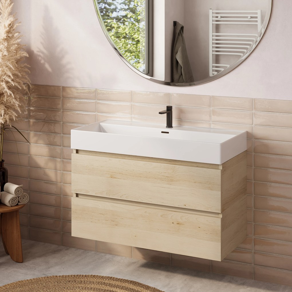 Plieger Kansas badmeubel 100cm met glans witte wastafel en kraangat beach eiken
