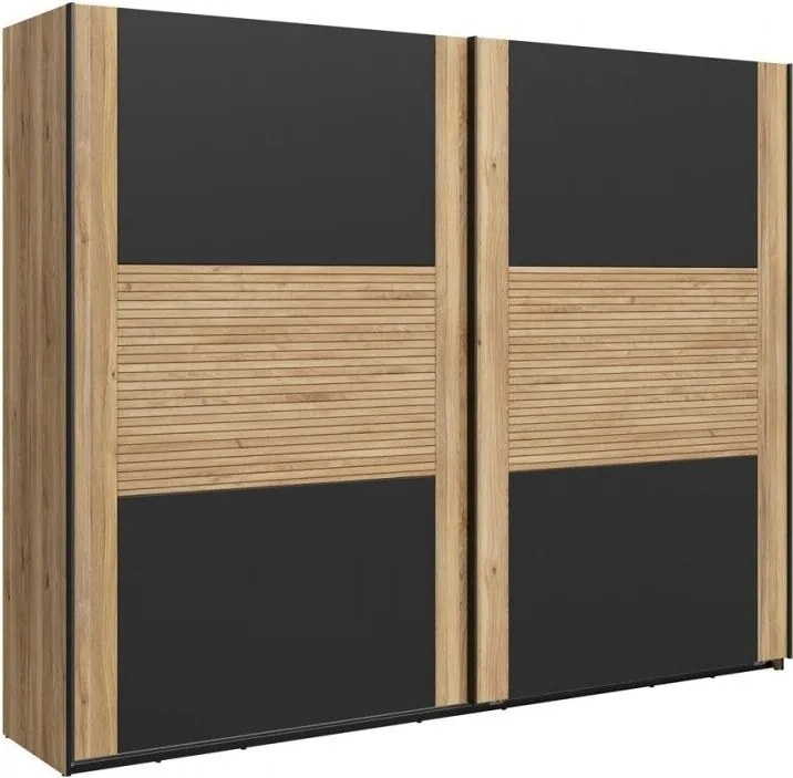 Kledingkast Livdela 104, Zwart, Licht eiken, 219x270x58cm, 209.2 kg, Kledingkast deuren: Schuivend