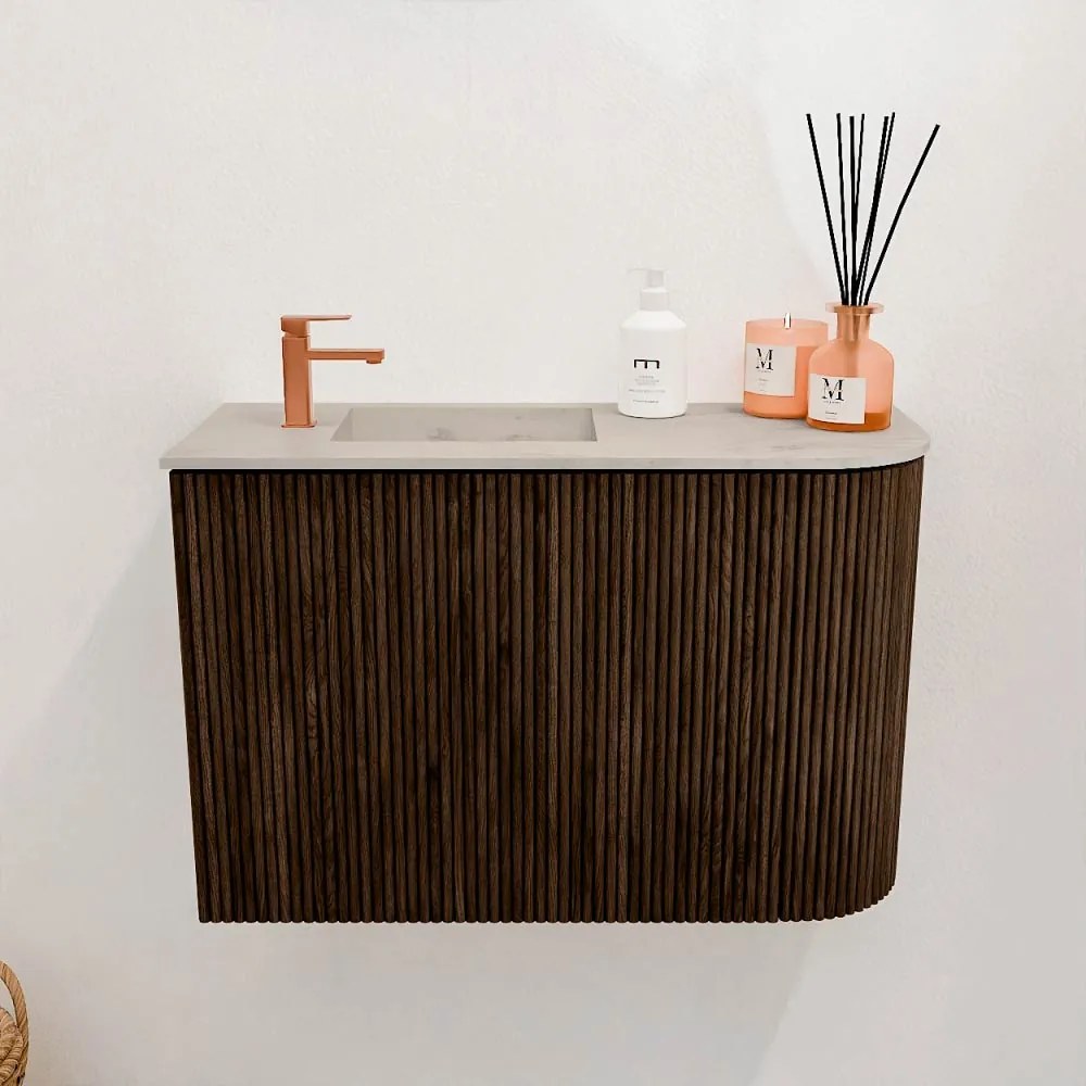 Mondiaz Joya DLux 60cm toiletmeubel ronding rechts walnut met wastafel faye links 1 kraangat opalo
