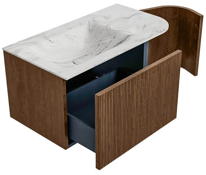 Mondiaz Kurve-dlux 85cm badmeubel ronding rechts walnut met 1 lade en deur en wastafel cloud links zonder kraangat glace