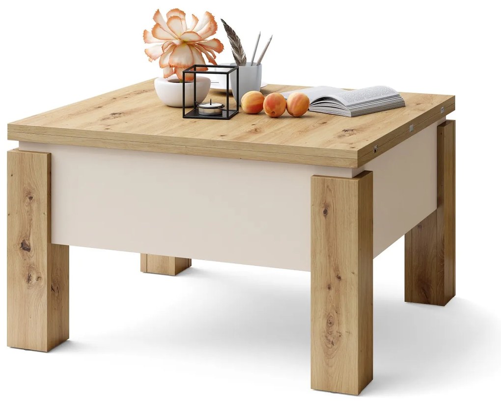 Mazzoni OSLO eiken artisan / beige, uitklapbare salontafel met in hoogte verstelbaar blad