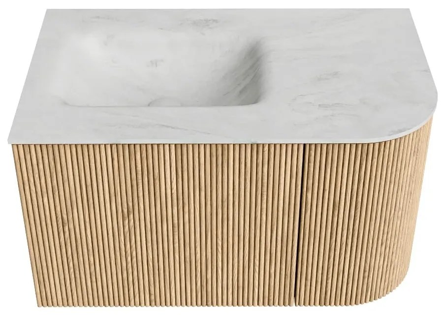 Mondiaz Kurve-dlux 75cm badmeubel ronding rechts oak met 1 lade en deur en wastafel grunne kraangat links opalo