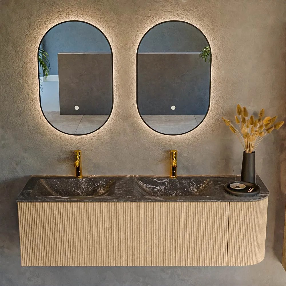 Mondiaz Kurve-dlux 145cm badmeubel ronding rechts oak met 1 lade en deur en wastafel leaf dubbel/links 2 kraangaten lava