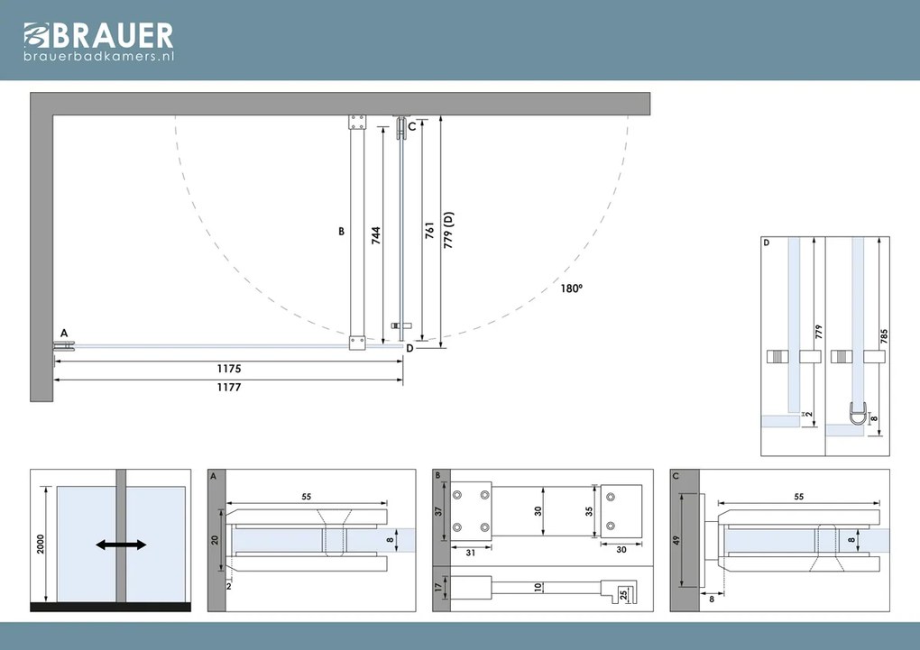 Brauer Void profielloze douchecabine 80x120cm messing geborsteld PVD