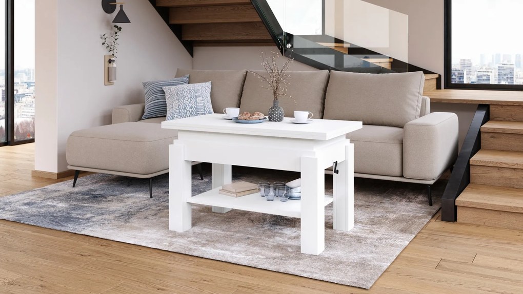 BRAVO wit – uitschuifbare en in hoogte verstelbare salontafel, tafel met plank
