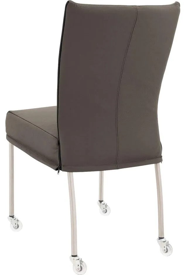 Goossens Eetkamerstoel Funk RVS Poten grijs leer leuning en Transparant skater wiel met rvs kapmet wielen, modern design