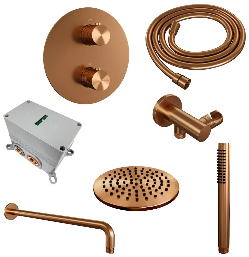 Brauer Copper Carving thermostatische inbouw regendouche met staafhanddouche, gebogen muurarm en hoofddouche 20cm set 75 koper geborsteld PVD