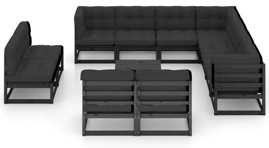vidaXL 12-delige Loungeset met kussens massief grenenhout zwart