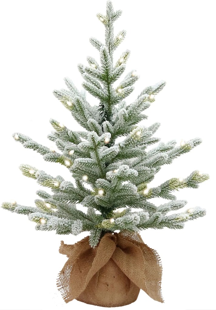 Cambridge flocked verlichte tafelkerstboom - 75 cm - 0 - Diameter 51 cm - 189 tips - 35 ledlampjes (warm wit) - Besneeuwd/Frosted - Jute zak