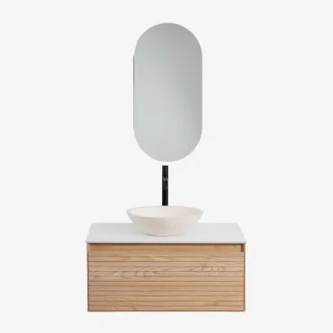 Tedrik Zwevend Badkamermeubelset Van Essenhout Ash Brown & Rond Cement Wit Ø40 Cm Zavion & Ovaal Met Opbergruimte 45x90 Cm Abner & Mat - Sklum