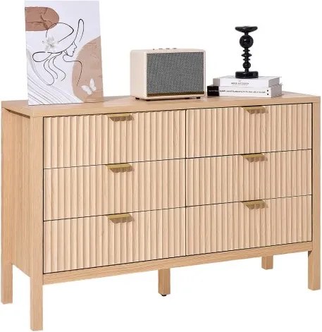 VEVOR ladekast met 6 gecanneleerde lades en schuif- en kantelbeveiliging, minimalistische moderne ladekastorganizer voor woonkamer, slaapkamer, hal en gang (licht hout)