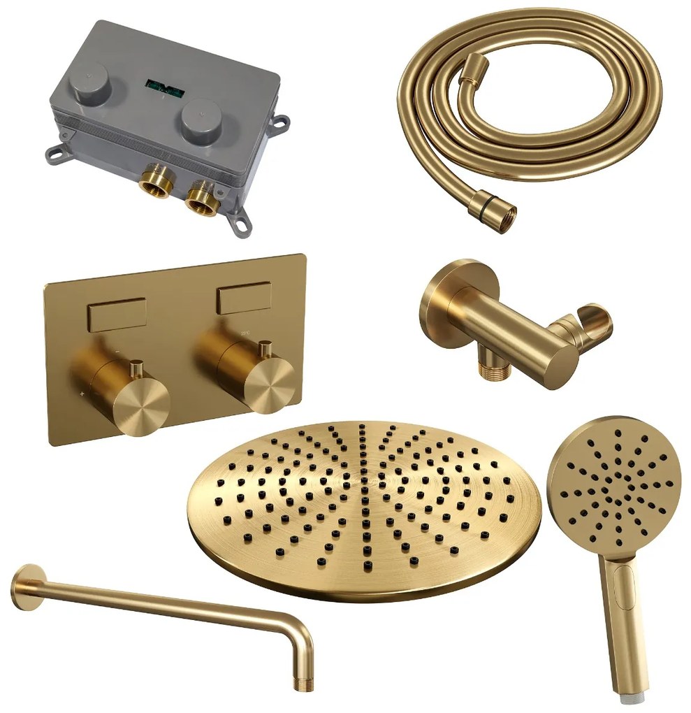 Brauer Gold Edition thermostatische inbouw regendouche met 3 standen handdouche, gebogen muurarm en hoofddouche 30cm set 58 messing geborsteld PVD