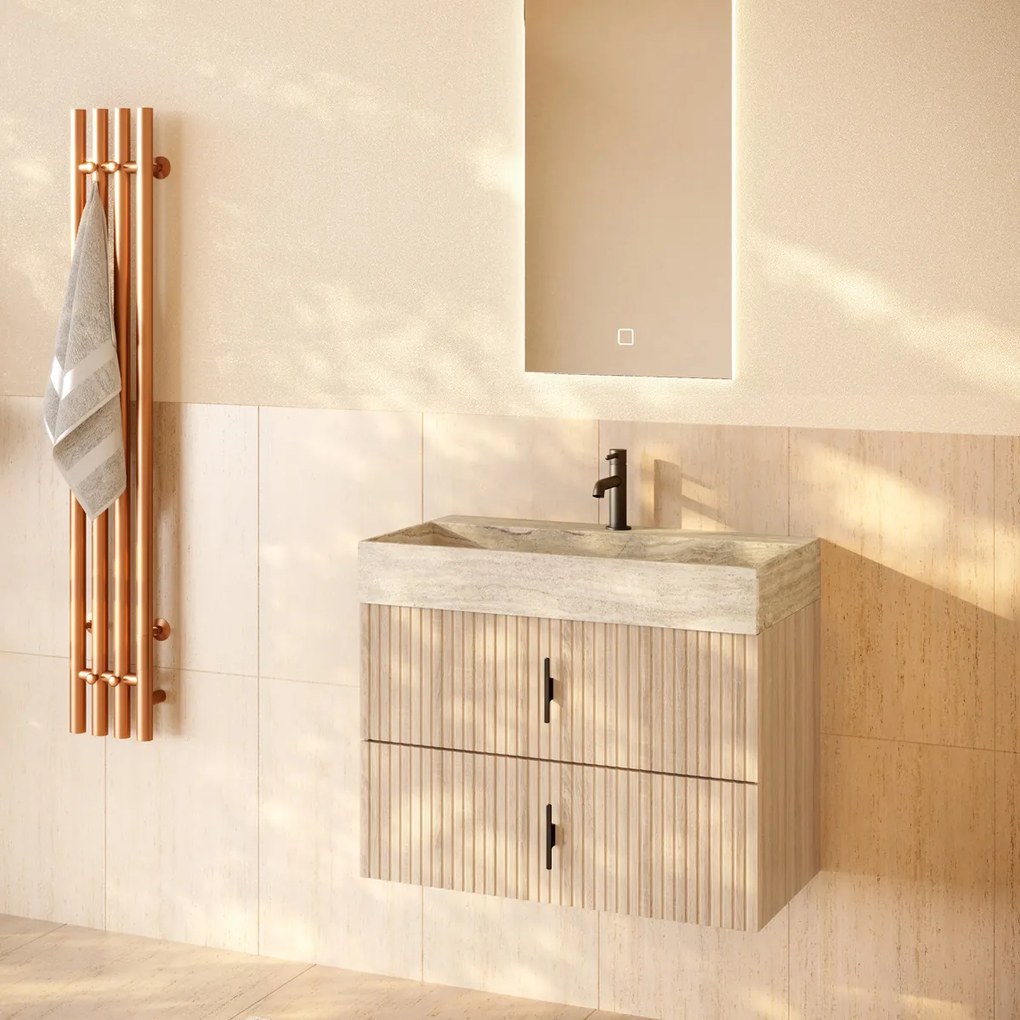 Muebles Murcia badmeubel ribbelfront 80cm naturel eiken met White Travertin wastafel met kraangat