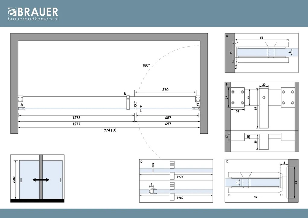Brauer Void profielloze nisdeur 200cm met draaideur 70cm aan muur koper geborsteld PVD