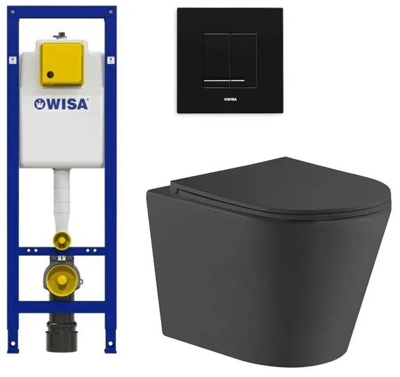 QeramiQ Dely Toiletset - Wisa inbouwreservoir - zwarte bedieningsplaat - toilet - zitting - mat zwart 0704408/SW727152/sw543433