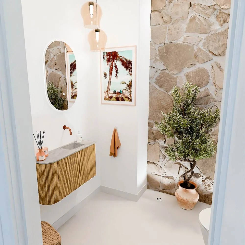 Mondiaz Joya DLux 70cm toiletmeubel ronding links oak met wastafel faye rechts zonder kraangat glace