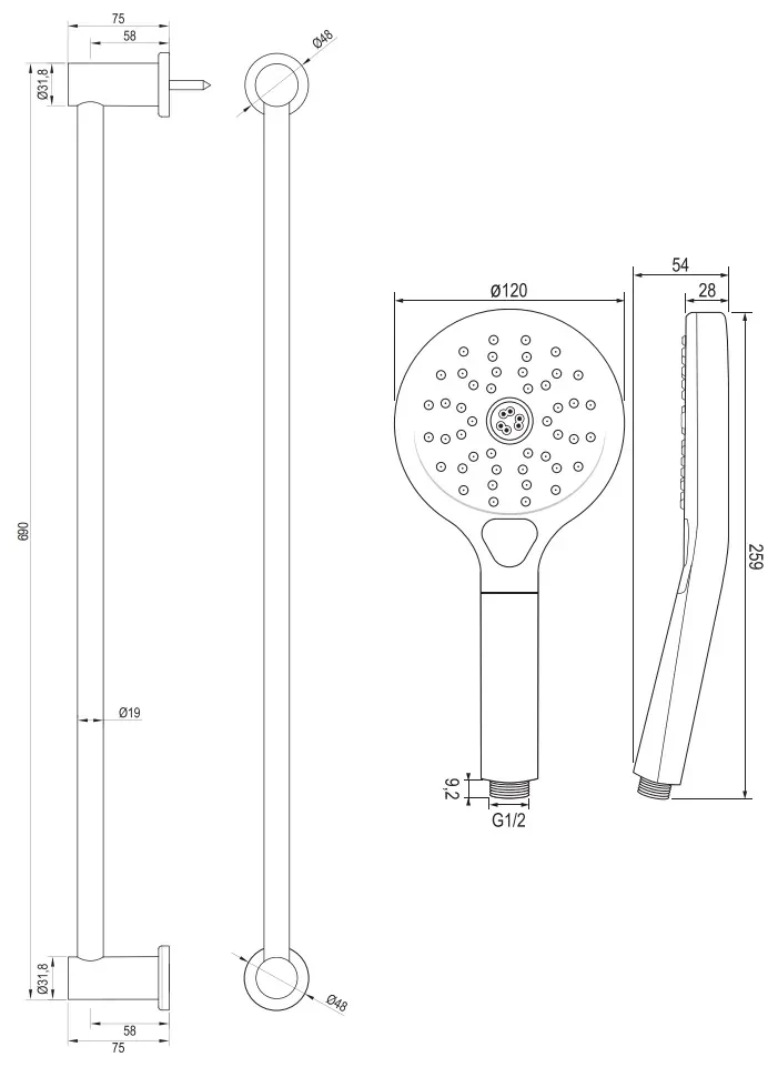 Brauer Brushed Edition thermostatische badkraan met glijstang en 3 standen handdouche RVS geborsteld PVD