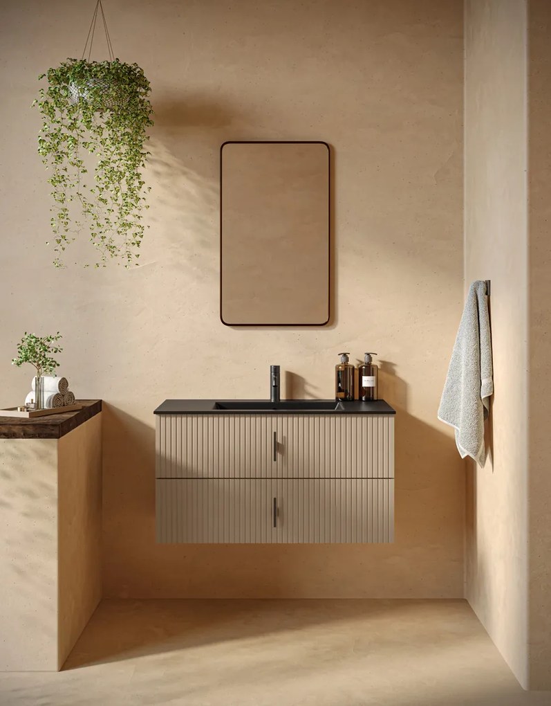 Muebles Marbella badmeubel ribbelfront 100cm macchiato met zwarte wastafel met kraangat