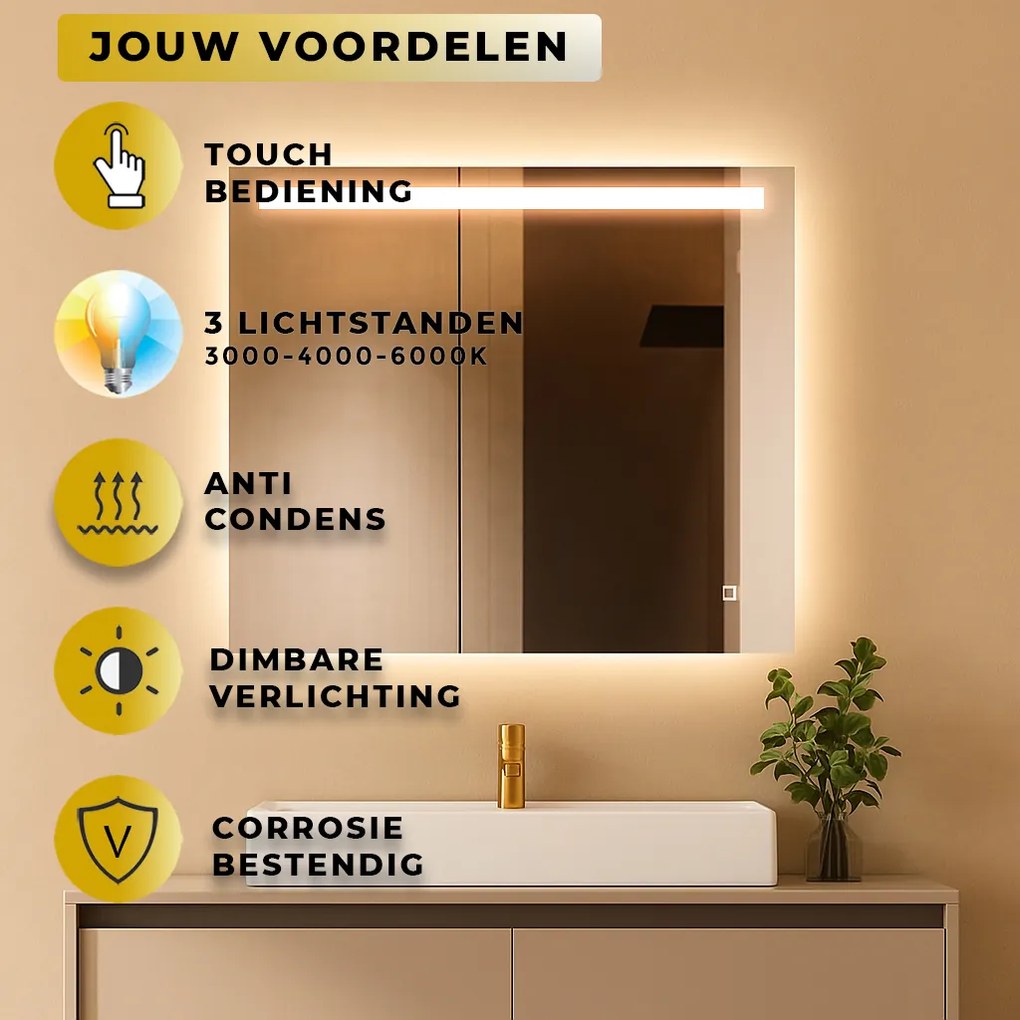 Badkamerspiegel Rechthoek Ambi 80x60CM | LED | Verwarming | Dimbaar