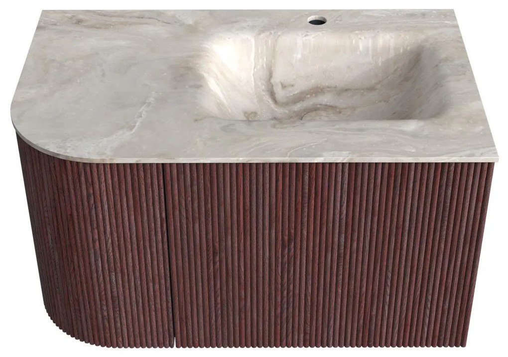 Mondiaz Kurve-dlux 75cm badmeubel ronding links ruby met 1 lade en deur en wastafel grunne kraangat rechts frappe