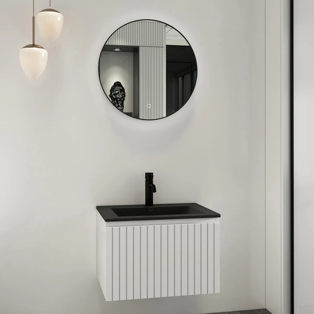 Fontana Lento wit badkamermeubel ribbelfront met zwarte wastafel 60cm 1 kraangat en ronde spiegel