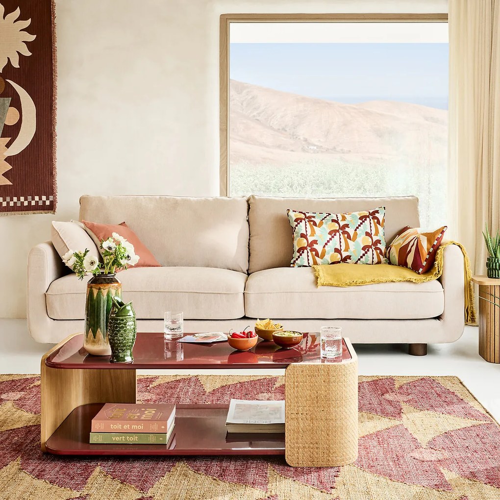 Salontafel in hoogglans bordeaux lak en vlechtwerk, dubbel blad, TALMA