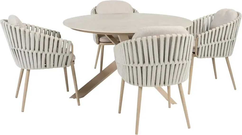 Taste by 4 Seasons Eva tuinset latte met Prado tafel met keramisch tafelblad Ø 130 cm SALE Tuinset beige weerbestendig