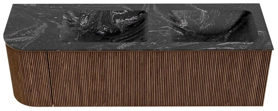 Mondiaz Kurve-dlux 145cm badmeubel ronding links walnut met 1 lade en deur en wastafel leaf dubbel/rechts zonder kraangat lava