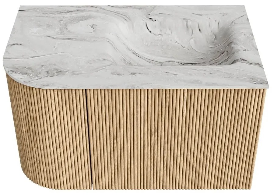 Mondiaz Kurve-dlux 75cm badmeubel ronding links oak met 1 lade en deur en wastafel grunne kraangat rechts glace