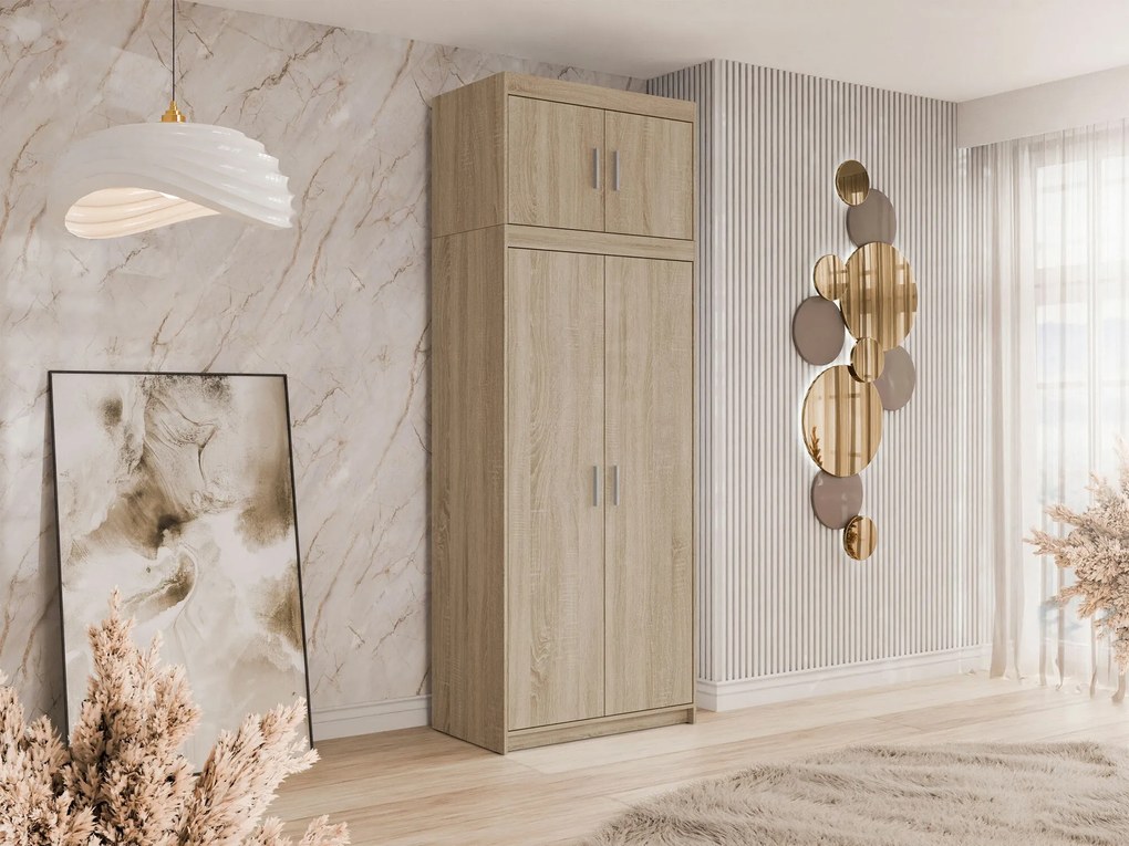 Kledingkast Novduni 103, Sonoma eik, 246x90x53cm, 99.5 kg, Kledingkast deuren: Met scharnieren, Aantal planken: 6, Aantal planken: 6