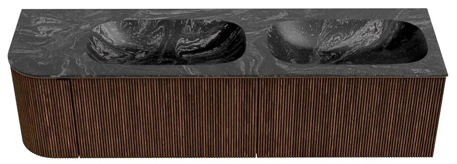 Mondiaz Kurve-dlux 165cm badmeubel ronding links walnut met 2 lades en 1 deur en wastafel stor small dubbel/rechts zonder kraangat lava