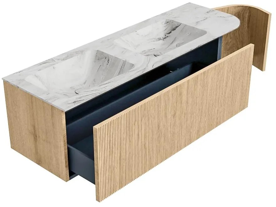 Mondiaz Kurve-dlux 145cm badmeubel ronding rechts oak met 1 lade en deur en wastafel leaf dubbel/links zonder kraangat glace
