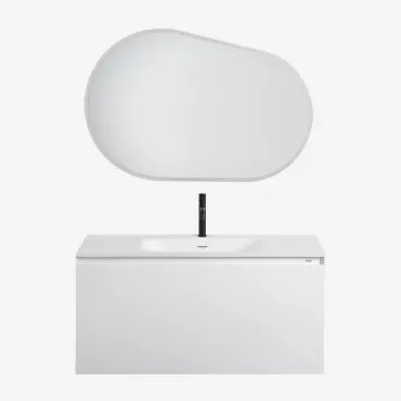 Macrae Zwevend Houten Badkamermeubelset Met Geïntegreerde Wastafel Wit & Ovaal Led En Anticondens 100x80 Cm Riben & Mat Zwart ↑20 Cm Met Afvoerkraan M
