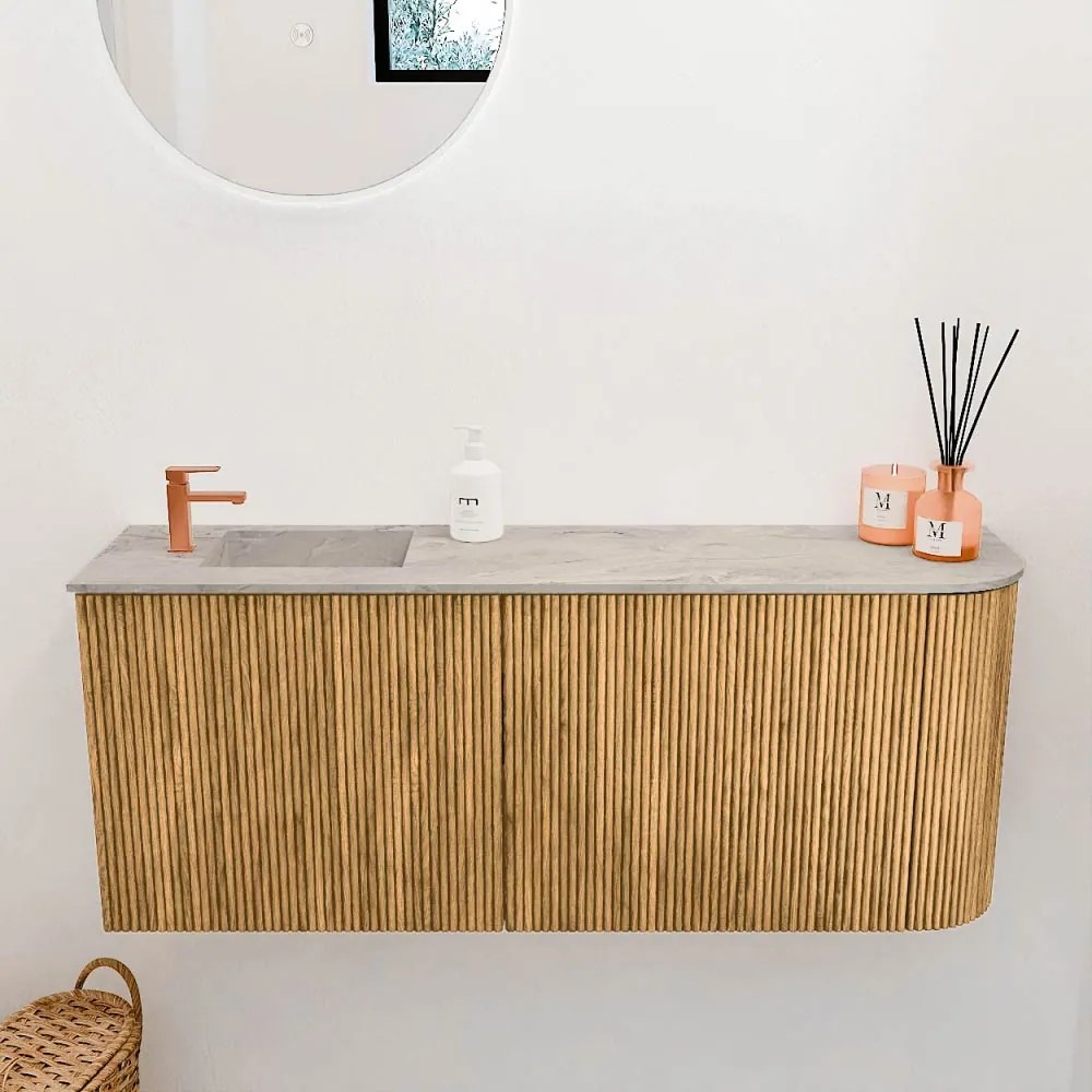 Mondiaz Joya DLux 100cm toiletmeubel ronding rechts oak met wastafel faye links 1 kraangat glace