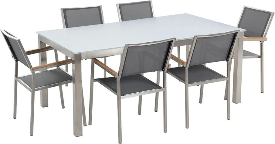 Tuinset glas/RVS wit enkel tafelblad 180 x 90 cm met 6 stoelen grijs GROSSETO