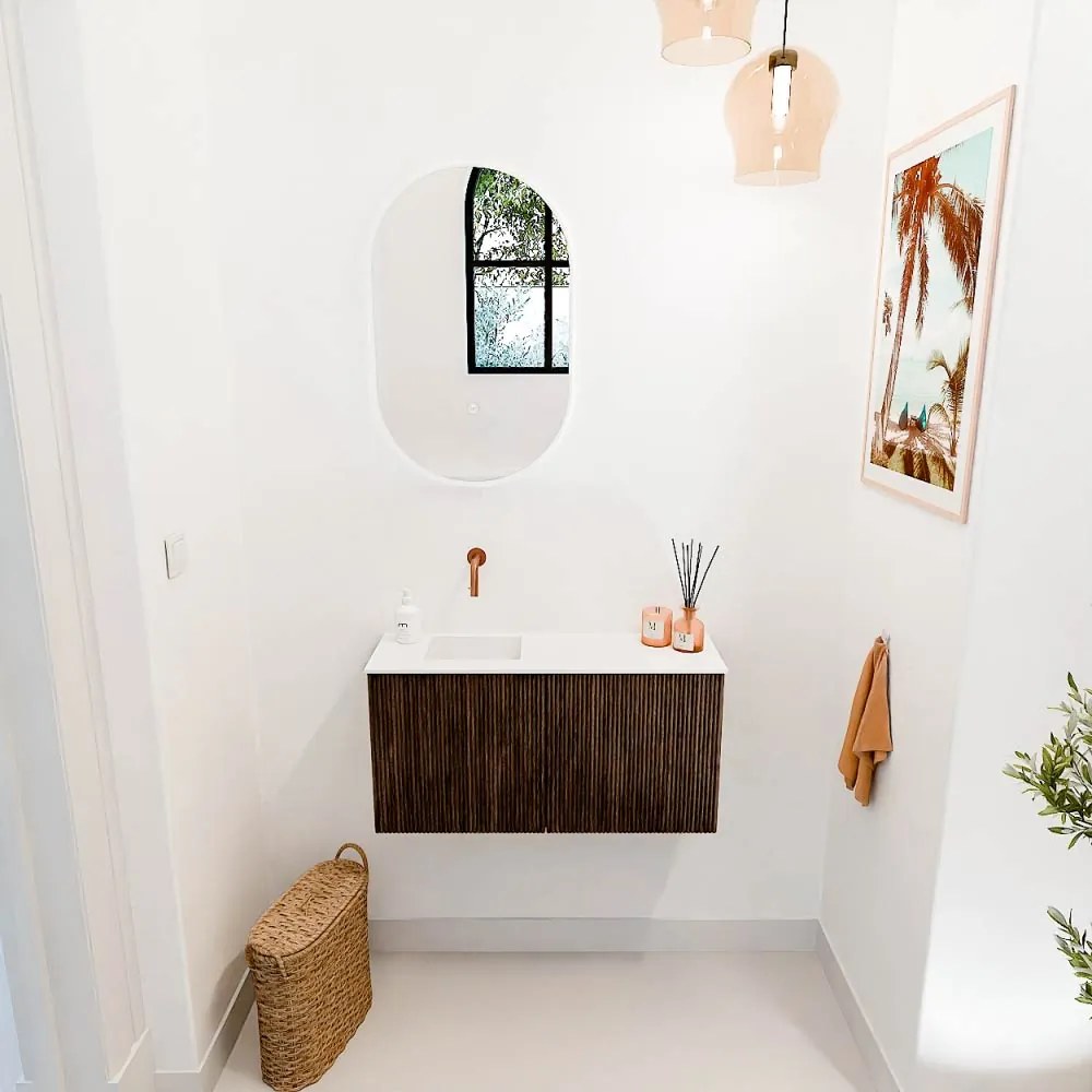 Mondiaz Joya 80cm toiletmeubel walnut met wastafel faye links zonder kraangat talc
