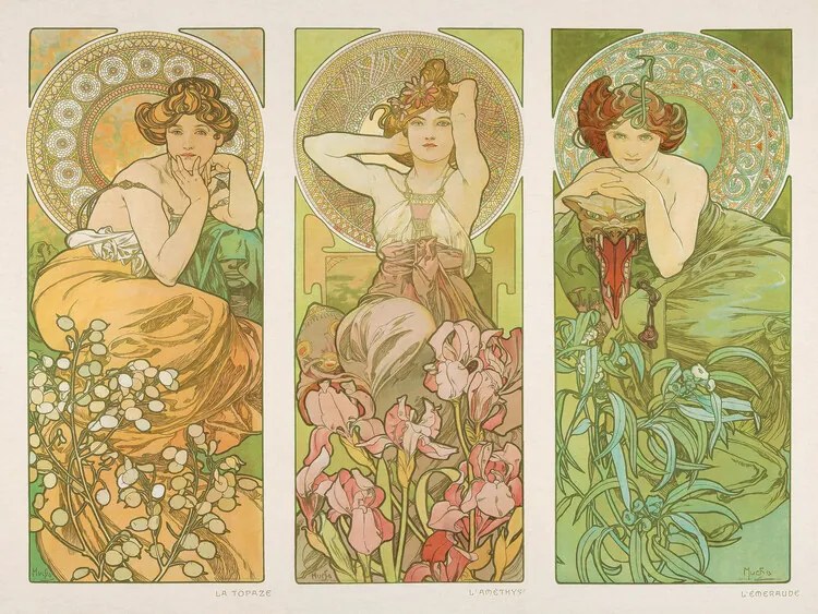 Kunstreproductie Topaz, Amethyst & Emerald, Alfons Mucha