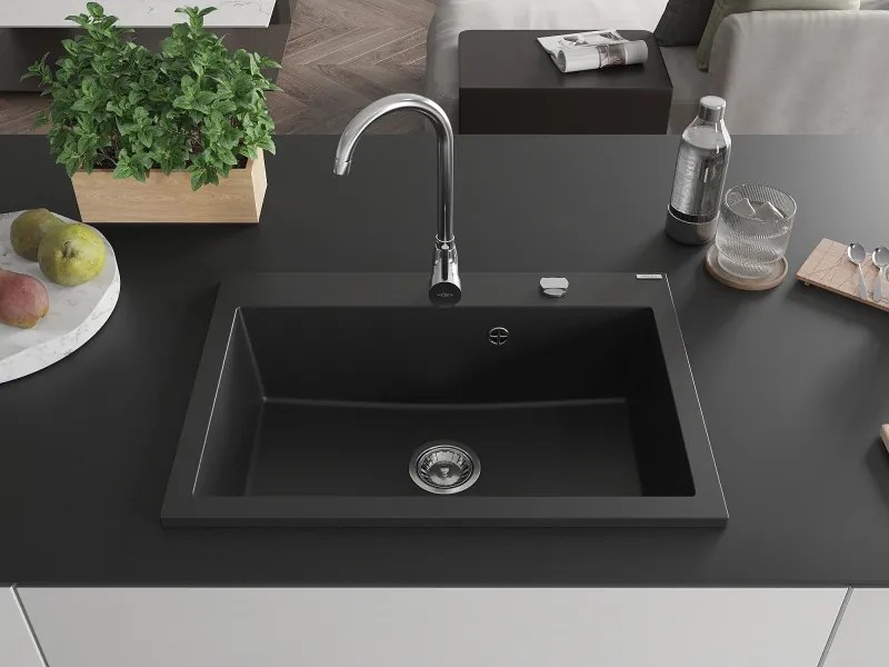 Mexen Elix granieten enkelvoudige spoelbak 700 x 500 mm, zwart, chromen sifon - 6526701005-77