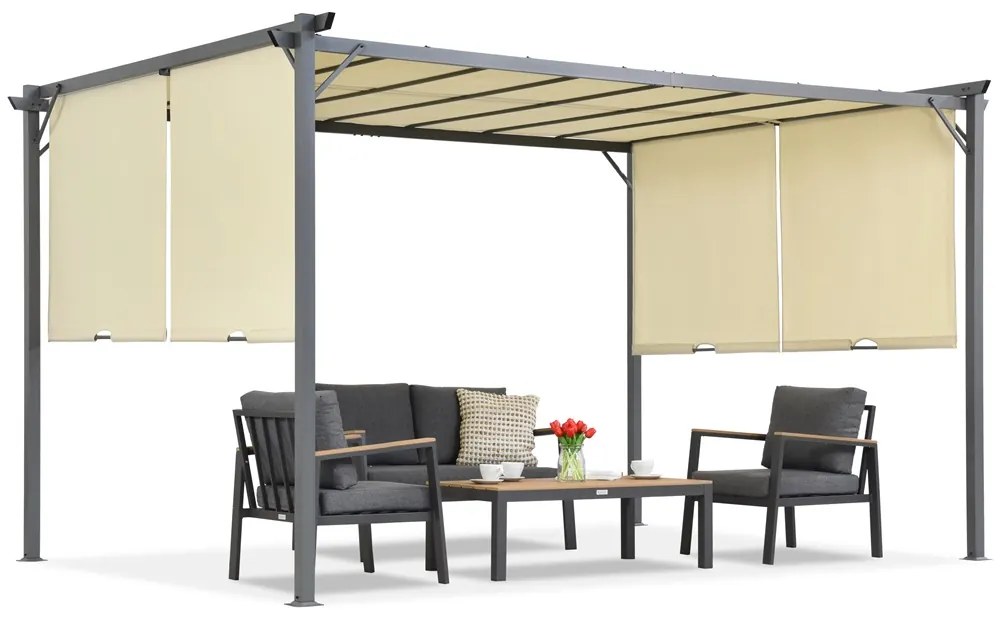 Creme Sevilla terraspergola 3x4m met Garden Point gordijnen