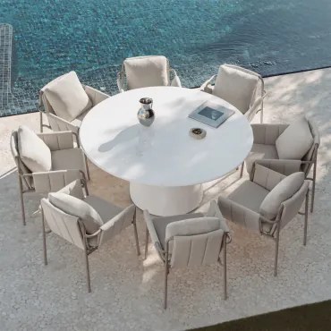 Ronde Tafelset Ø150 Cm In Cement Numira En 8 Tuinstoelen Met Armleuningen, Gestoffeerd En Van Zunika-staal Moka Bruin - Sklum