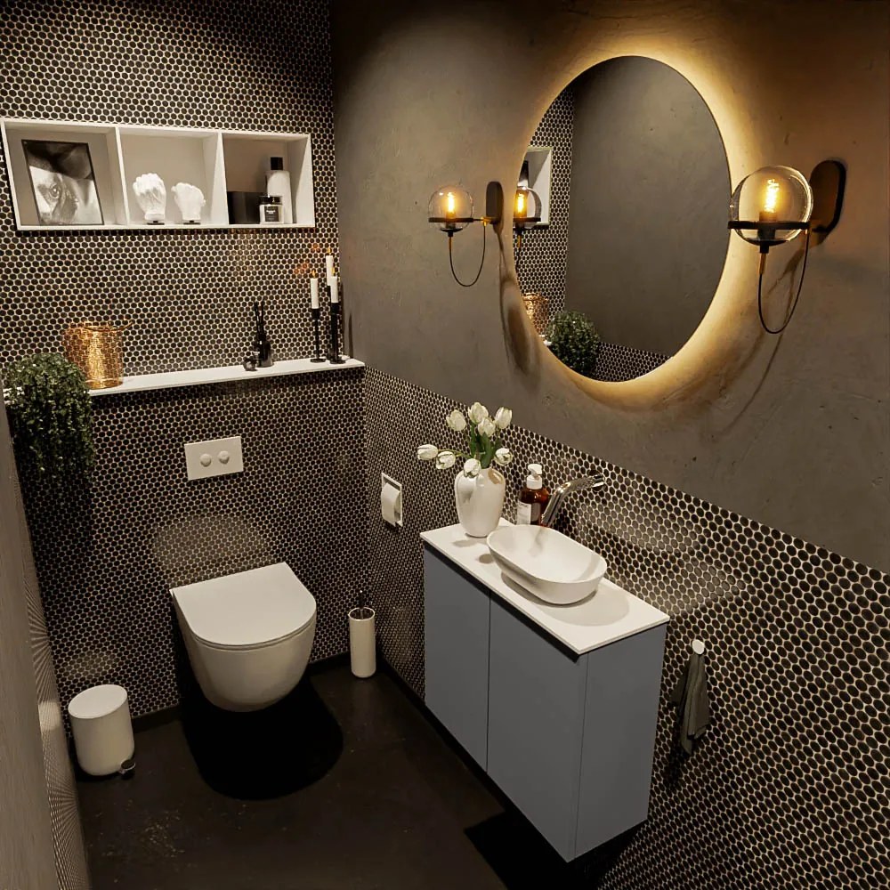 Mondiaz Fowy toiletmeubel 60cm dark grey met witte waskom rechts zonder kraangat