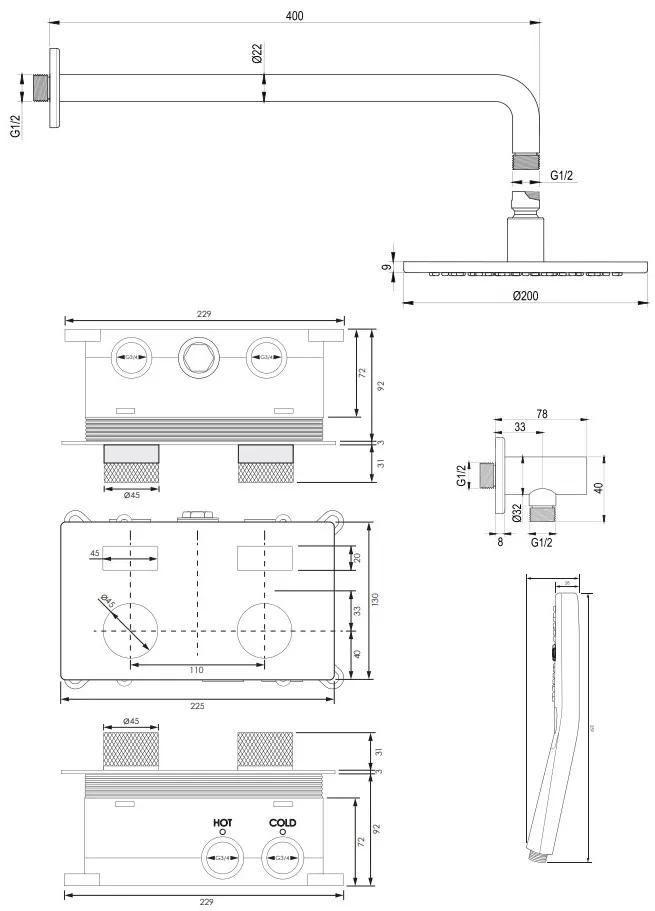 Brauer Gunmetal Carving thermostatische inbouw regendouche met 3 standen handdouche, gebogen muurarm en hoofddouche 20cm set 57 gunmetal geborsteld PVD