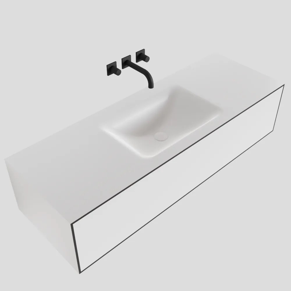 Zaro Lagom volledig naadloos solid surface onderkast 130cm mat zwart met 1 lade Push tot open. Compleet met solid surface wastafel met 0 kraangat(en)