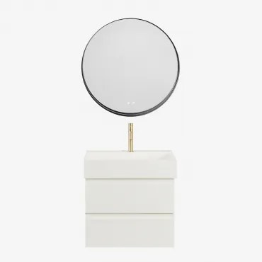 Ona Zwevend Badkamermeubelset Van Hout En Essenfineer Met Geïntegreerde Wastafel Wit & Round Led And Antifog Zwart Ø80 Cm - Sklum