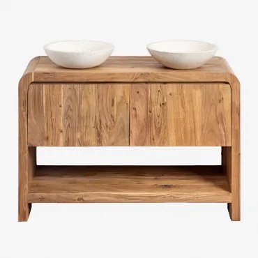 Vacry Houten Badkamermeubelset Acacia Bruin & 2 X Rond Wit Cement Ø40 Cm Zavion & Spiegelloze & Zonder Kraan & ↔︎ 120 Cm - Sklum